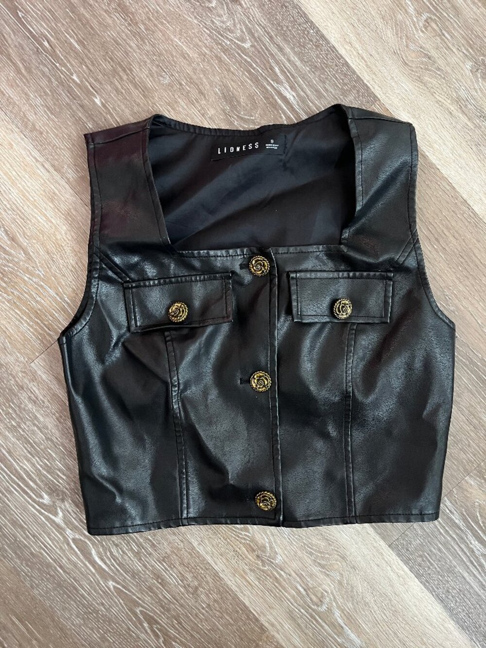Faux Leather Cropped Black Vest with Bronze Gold Rose Floral Button Details